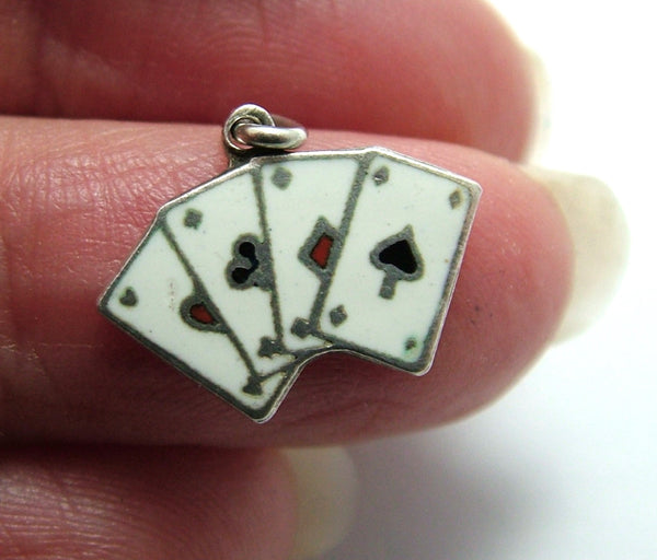 Small Vintage 1950's Silver & Enamel Playing Cards Charm Four Aces Enamel Charm - Sandy's Vintage Charms