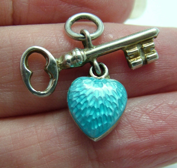 Edwardian Silver Key Charm with Turquoise Guilloche Enamel Puffy Heart Antique Charm - Sandy's Vintage Charms