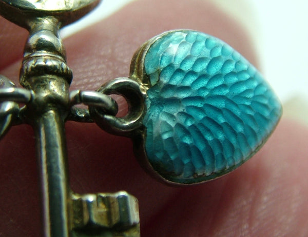 Edwardian Silver Key Charm with Turquoise Guilloche Enamel Puffy Heart Antique Charm - Sandy's Vintage Charms