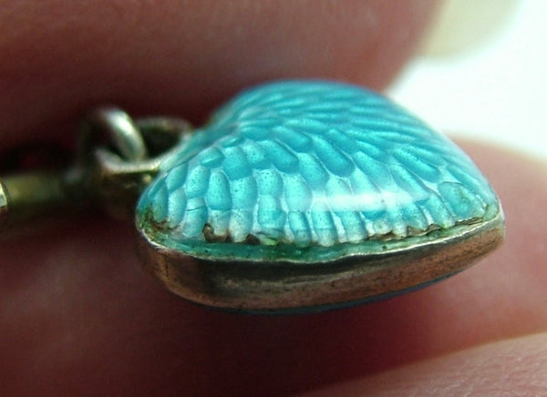 Edwardian Silver Key Charm with Turquoise Guilloche Enamel Puffy Heart Antique Charm - Sandy's Vintage Charms