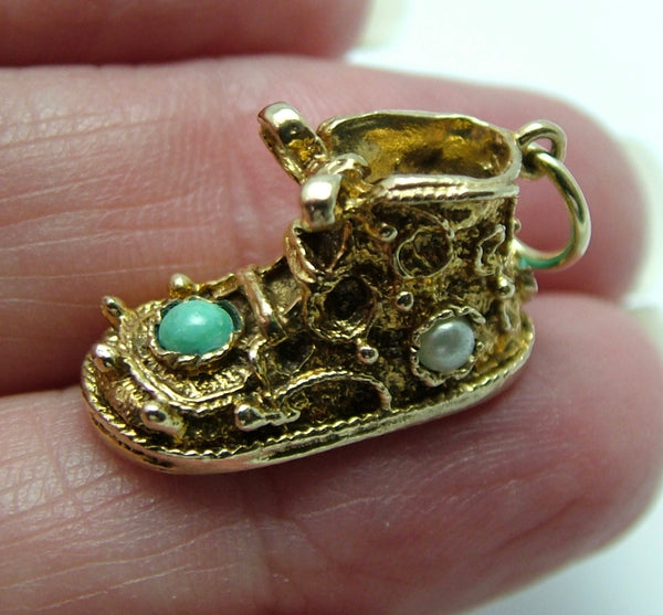 Heavy Vintage 1960's 9ct Gold Baby Bootie Charm with Pearls & Turquoise Glass HM 1968 Gold Charm - Sandy's Vintage Charms