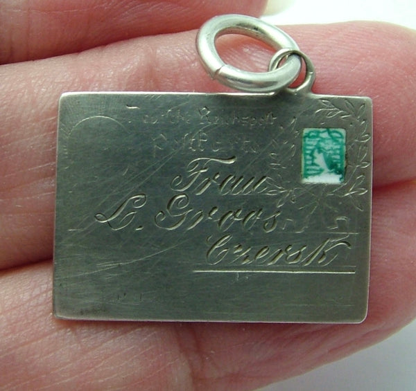 Antique Edwardian c1905 Silver Postcard Charm with Enamel Stamp Antique Charm - Sandy's Vintage Charms