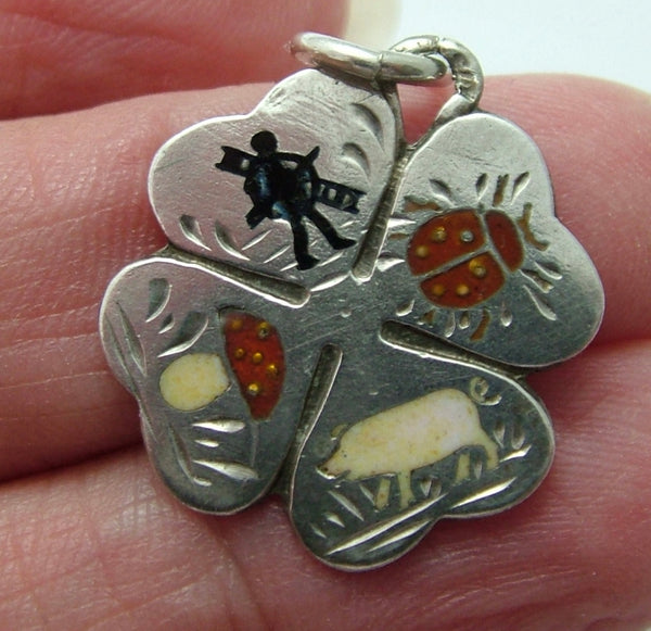 Antique Edwardian c1910 Silver Clover Charm with Enamel Lucky Charms Pictured Antique Charm - Sandy's Vintage Charms
