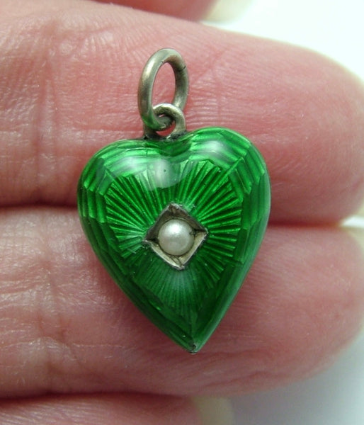 Edwardian Silver Fronted Green Guilloche Enamel Puffy Heart Charm with Seed Pearl Antique Charm - Sandy's Vintage Charms