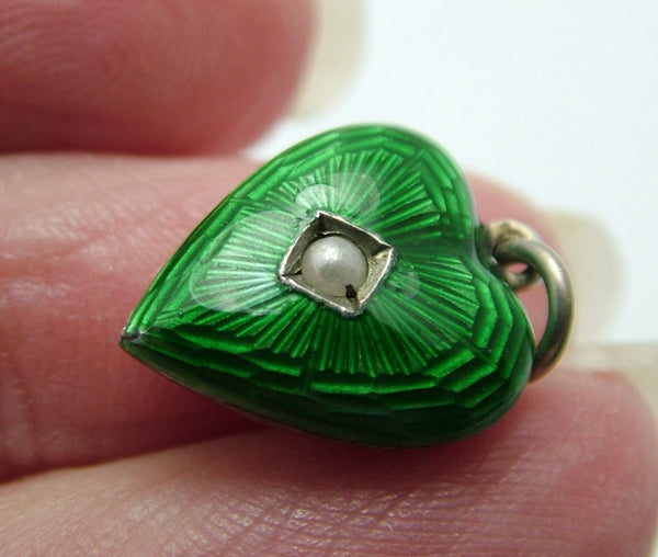 Edwardian Silver Fronted Green Guilloche Enamel Puffy Heart Charm with Seed Pearl Antique Charm - Sandy's Vintage Charms
