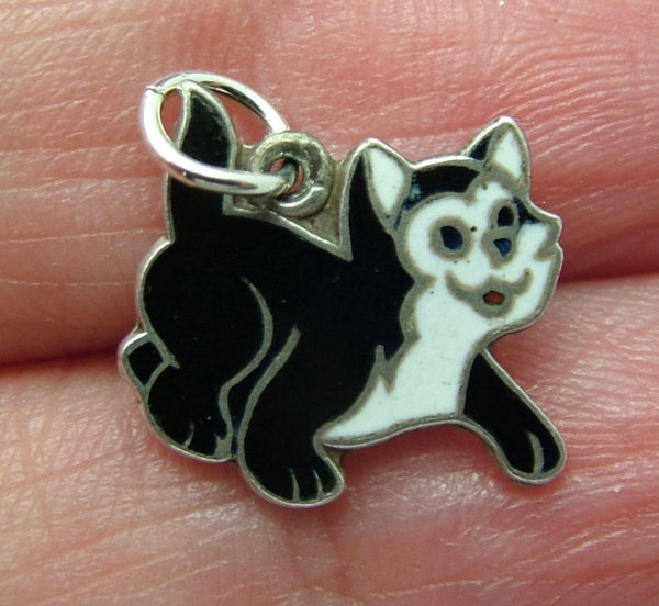 Small Vintage 1950's Silver & Enamel Black & White Cat Charm Enamel Charm - Sandy's Vintage Charms