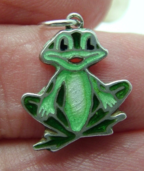 Small Vintage 1950's Silver & Green Enamel Frog Charm Enamel Charm - Sandy's Vintage Charms