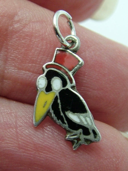 Vintage 1950's Silver & Enamel Cartoon Crow with Top Hat Charm Enamel Charm - Sandy's Vintage Charms
