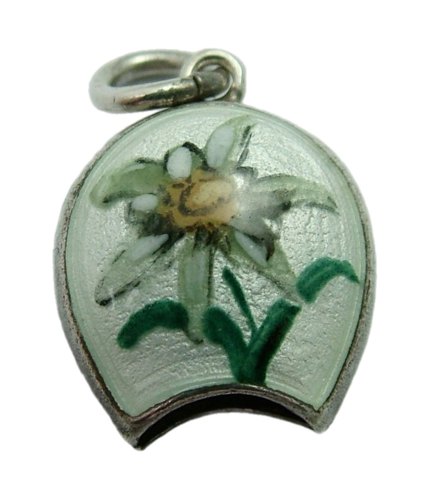 Vintage 1950's Silver & White Enamel Cow Bell Charm with Edelweiss Flower Enamel Charm - Sandy's Vintage Charms