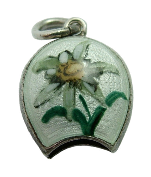 Vintage 1950's Silver & White Enamel Cow Bell Charm with Edelweiss Flower Enamel Charm - Sandy's Vintage Charms