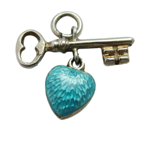 Edwardian Silver Key Charm with Turquoise Guilloche Enamel Puffy Heart Antique Charm - Sandy's Vintage Charms