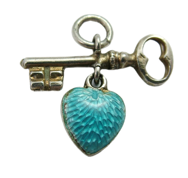 Edwardian Silver Key Charm with Turquoise Guilloche Enamel Puffy Heart Antique Charm - Sandy's Vintage Charms