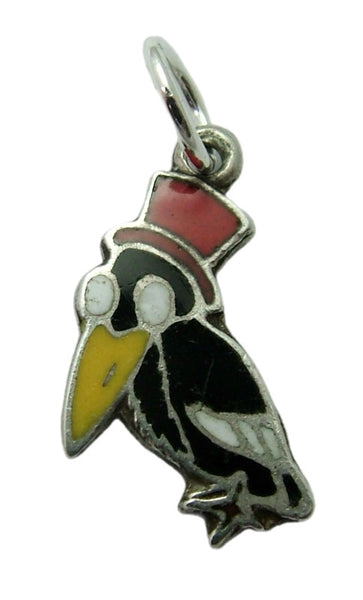 Vintage 1950's Silver & Enamel Cartoon Crow with Top Hat Charm Enamel Charm - Sandy's Vintage Charms