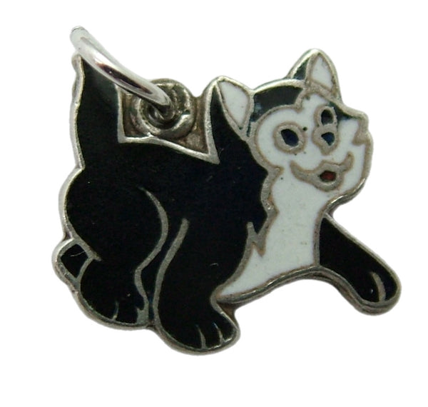 Small Vintage 1950's Silver & Enamel Black & White Cat Charm Enamel Charm - Sandy's Vintage Charms