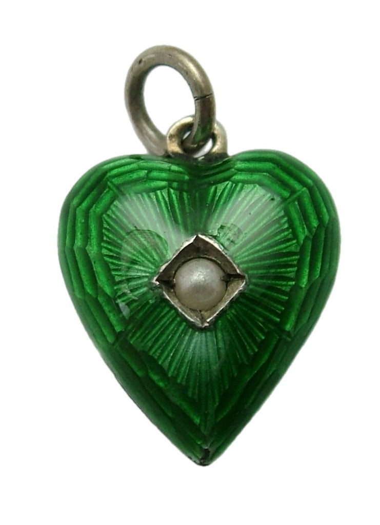 Edwardian Silver Fronted Green Guilloche Enamel Puffy Heart Charm with Seed Pearl Antique Charm - Sandy's Vintage Charms