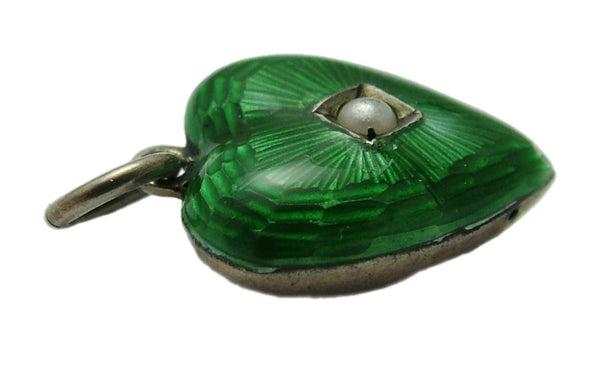 Edwardian Silver Fronted Green Guilloche Enamel Puffy Heart Charm with Seed Pearl Antique Charm - Sandy's Vintage Charms