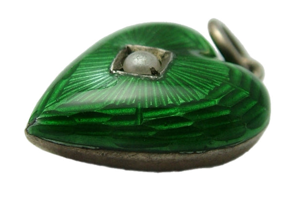 Edwardian Silver Fronted Green Guilloche Enamel Puffy Heart Charm with Seed Pearl Antique Charm - Sandy's Vintage Charms