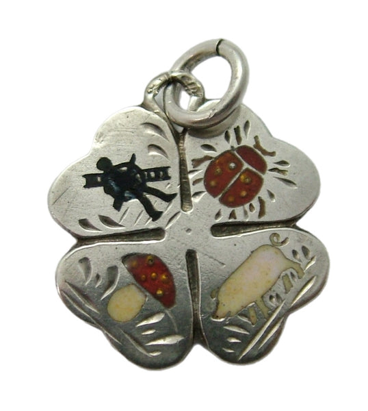 Antique Edwardian c1910 Silver Clover Charm with Enamel Lucky Charms Pictured Antique Charm - Sandy's Vintage Charms