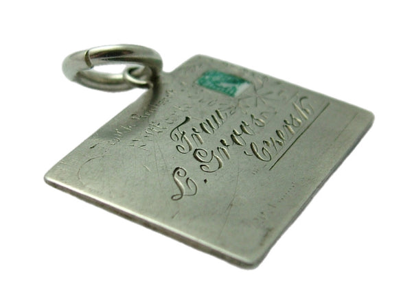 Antique Edwardian c1905 Silver Postcard Charm with Enamel Stamp Antique Charm - Sandy's Vintage Charms