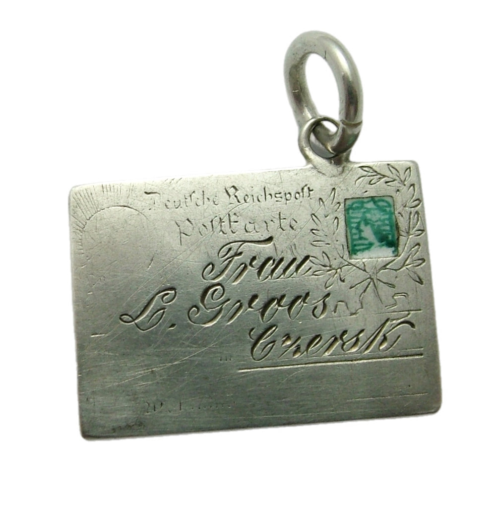 Antique Edwardian c1905 Silver Postcard Charm with Enamel Stamp Antique Charm - Sandy's Vintage Charms
