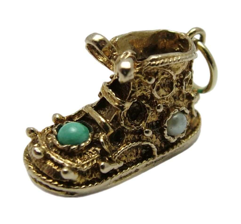 Heavy Vintage 1960's 9ct Gold Baby Bootie Charm with Pearls & Turquoise Glass HM 1968 Gold Charm - Sandy's Vintage Charms