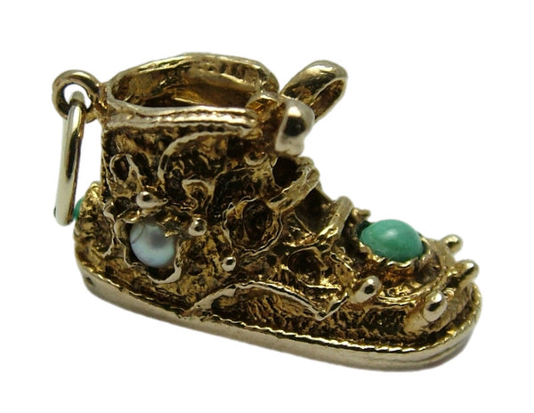 Heavy Vintage 1960's 9ct Gold Baby Bootie Charm with Pearls & Turquoise Glass HM 1968 Gold Charm - Sandy's Vintage Charms