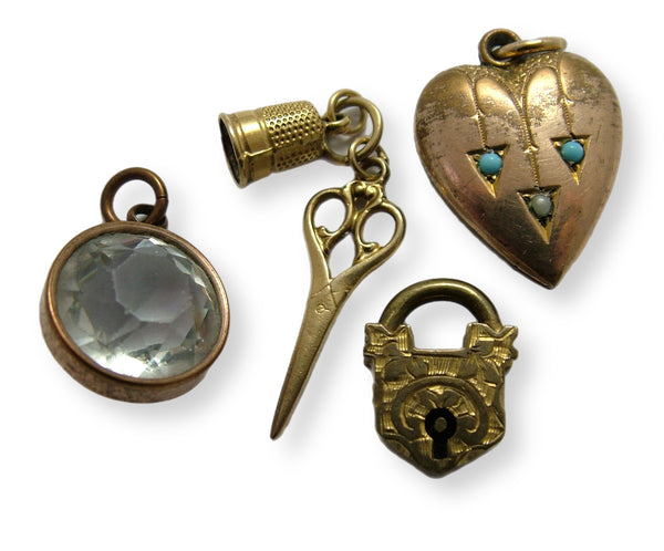 Collection of Antique Victorian Metal Charms inc Hearts, Lockets, Padlock etc SET D Antique Charm - Sandy's Vintage Charms