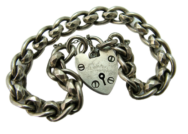 Heavy Vintage 1970's English Silver Padlock Bracelet 8 Inches & 34.1g with Faceted Links Bracelet - Sandy's Vintage Charms