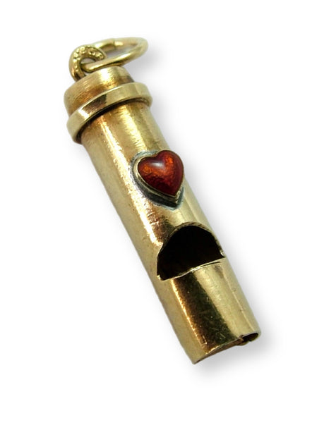 Vintage 1950's 14ct 14k Gold Whistle Charm with Red Enamel Heart