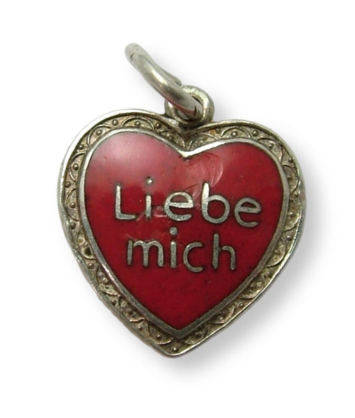 Small Vintage 1950's Silver & Red Enamel Heart Charm “Love Me” Silver Charm - Sandy's Vintage Charms