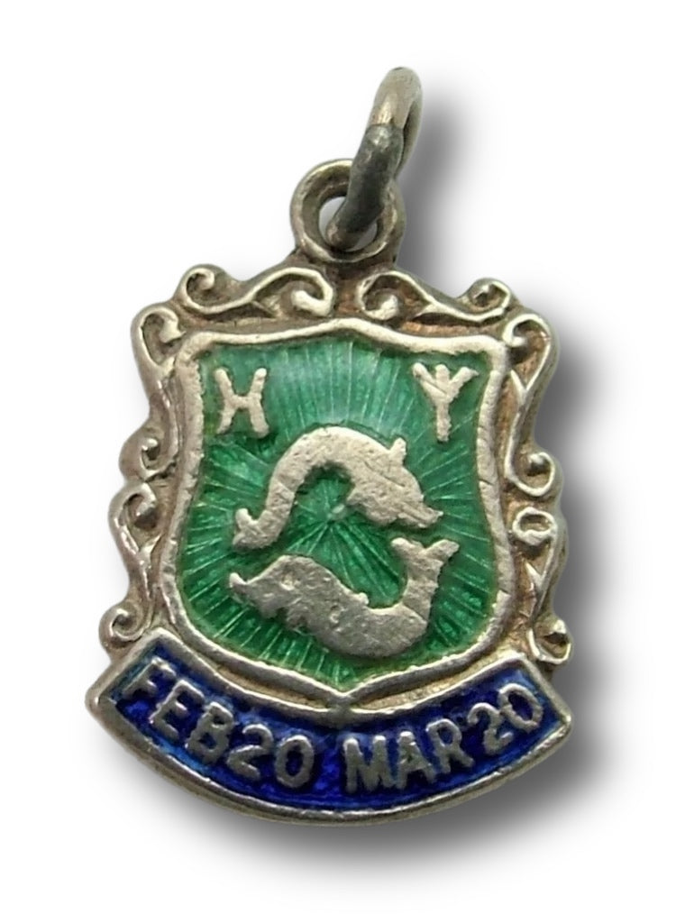 Vintage 1960's Silver & Enamel Shield Charm for the ZODIAC Sign of PISCES (Design A) Enamel Charm - Sandy's Vintage Charms