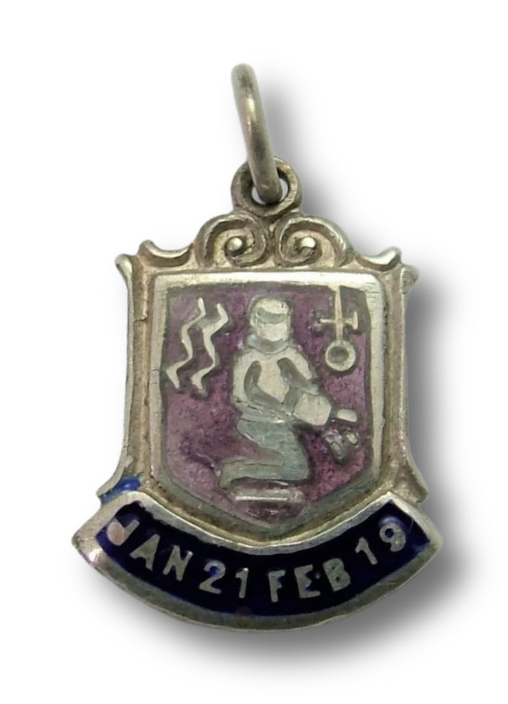 Vintage 1960's Silver & Enamel Shield Charm for the ZODIAC Sign of AQUARIUS (Design B) Shield Charm - Sandy's Vintage Charms
