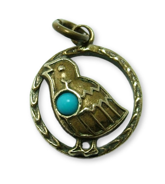 Antique Edwardian c1905 Brass & Turquoise Glass Chick Charm Antique Charm - Sandy's Vintage Charms