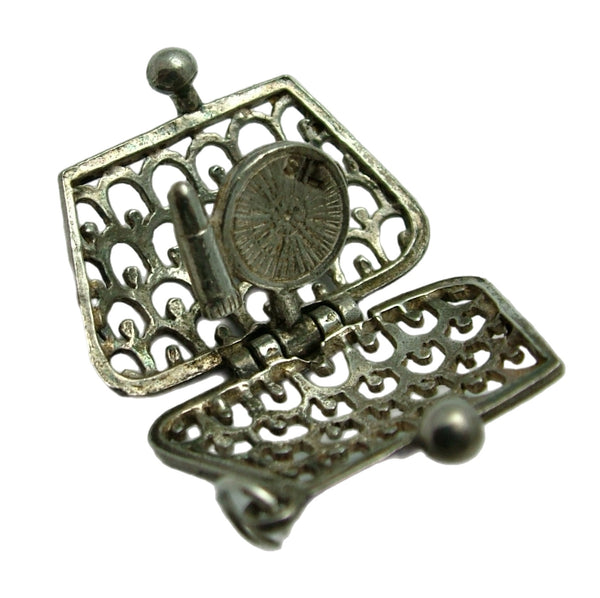 Vintage 1960's Silver Opening Handbag Charm Lipstick & Compact Inside Silver Charm - Sandy's Vintage Charms