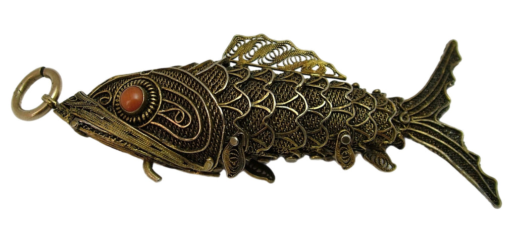 Very Large 1960's Chinese Silver Gilt & Coral Articulated Fish Pendant Silver Charm - Sandy's Vintage Charms