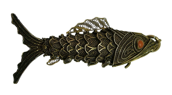 Very Large 1960's Chinese Silver Gilt & Coral Articulated Fish Pendant Silver Charm - Sandy's Vintage Charms