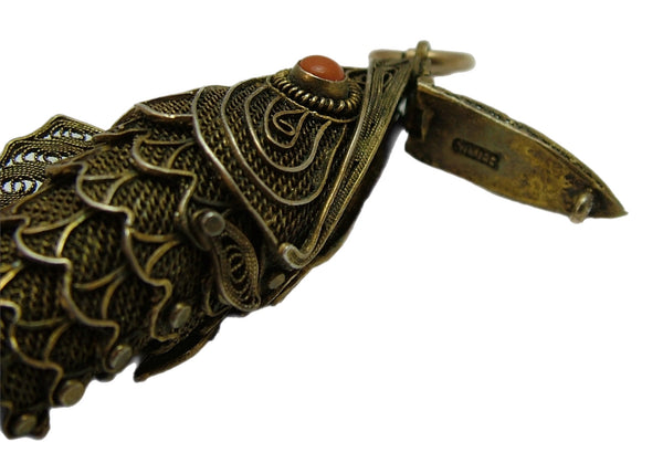 Very Large 1960's Chinese Silver Gilt & Coral Articulated Fish Pendant Silver Charm - Sandy's Vintage Charms