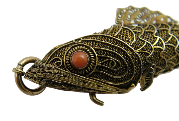 Very Large 1960's Chinese Silver Gilt & Coral Articulated Fish Pendant Silver Charm - Sandy's Vintage Charms