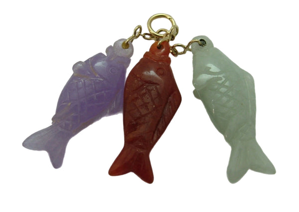 Three Vintage 1980's 14ct 14k Gold & Carved Jade Fish Charms in Green, Brown & Lilac Gold Charm - Sandy's Vintage Charms