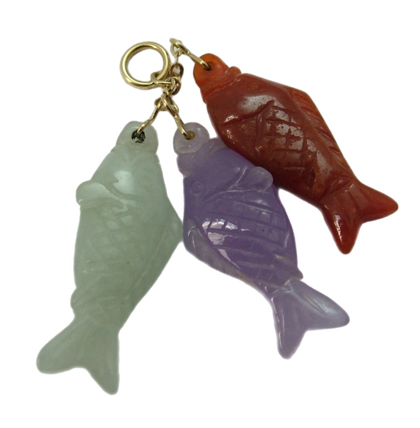Three Vintage 1980's 14ct 14k Gold & Carved Jade Fish Charms in Green, Brown & Lilac Gold Charm - Sandy's Vintage Charms