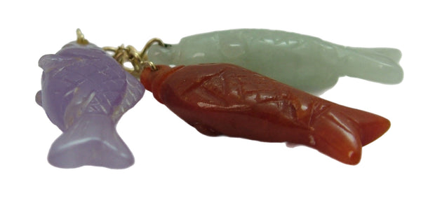 Three Vintage 1980's 14ct 14k Gold & Carved Jade Fish Charms in Green, Brown & Lilac Gold Charm - Sandy's Vintage Charms