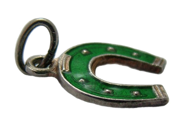 Small Vintage 1950's Silver & Green Enamel Lucky Horseshoe Charm Enamel Charm - Sandy's Vintage Charms