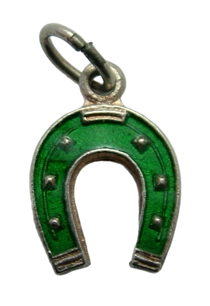 Small Vintage 1950's Silver & Green Enamel Lucky Horseshoe Charm Enamel Charm - Sandy's Vintage Charms