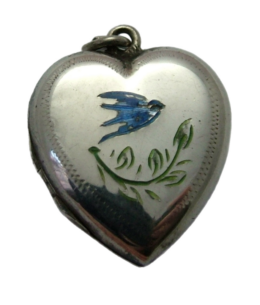 Vintage 1960's Silver & Enamel Heart Locket Charm with Blue Bird Enamel Charm - Sandy's Vintage Charms