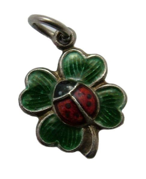 Small Vintage 1950's Silver & Green Enamel Four Leaf Clover and Ladybird Charm Enamel Charm - Sandy's Vintage Charms