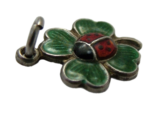 Small Vintage 1950's Silver & Green Enamel Four Leaf Clover and Ladybird Charm Enamel Charm - Sandy's Vintage Charms