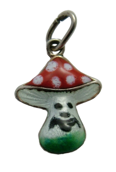 Small Vintage 1950's Silver & Enamel Lucky Toadstool Charm with Face Enamel Charm - Sandy's Vintage Charms