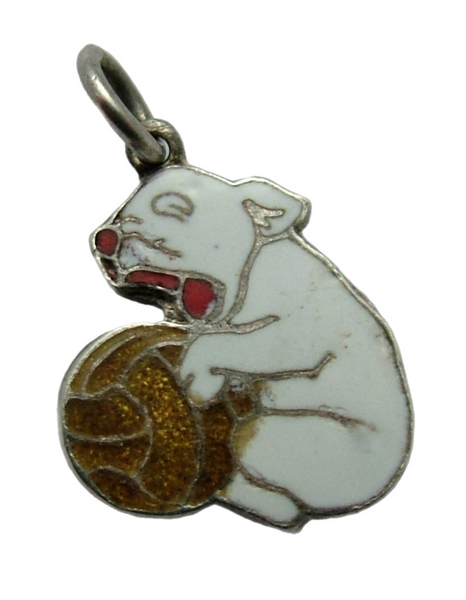 Small Vintage 1950's Silver & White Enamel Bonzo Type Dog Charm with Football Enamel Charm - Sandy's Vintage Charms