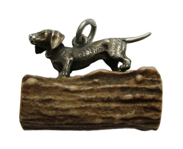 Large Antique Edwardian c1910 Solid Silver Dachshund Charm Mounted on Antler Antique Charm - Sandy's Vintage Charms