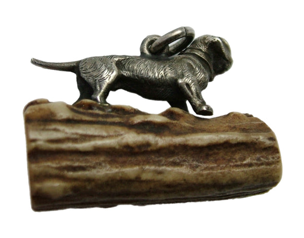 Large Antique Edwardian c1910 Solid Silver Dachshund Charm Mounted on Antler Antique Charm - Sandy's Vintage Charms